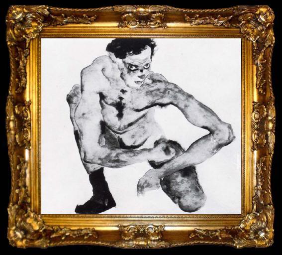 framed  Egon Schiele Squatting male nude with stockings, ta009-2